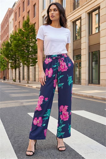 Blue Floral Textured Pull On Trouser