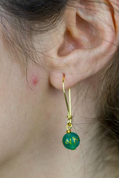 Purple Gold Pearl Monk Mantra Huggie Earrings