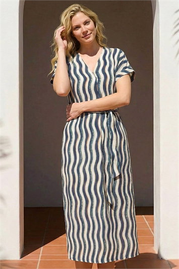 Wave Print Belted Midi Dress 14857760