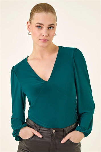 Blue Gathered V-Neck Stretch Top
