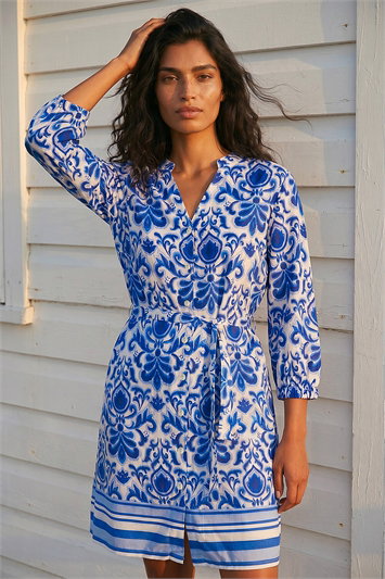 Blue Abstract Border Print Shirt Dress