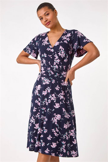 Blue Floral Print Wrap Over Midi Dress