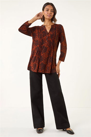 Red Abstract Print V-Neck Stretch Top