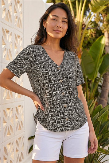 Black Petite Spot V-Neck Stretch Blouse