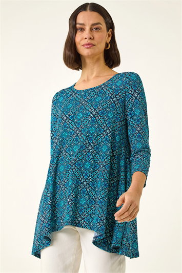 Blue Printed Hanky Hem Tunic Top
