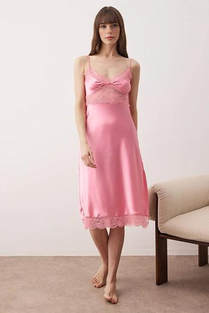 Pink Lace Trim Satin Midi Nightdress With Strappy Design