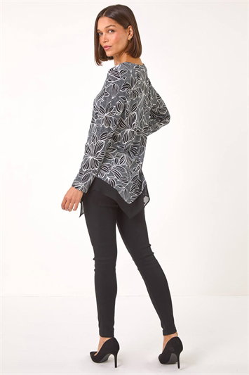 Floral Puff Print Chiffon Hem Top 19341208
