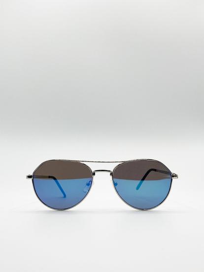 Silver Aviator Sunglasses With Blue Mirrored Lenses M000031946