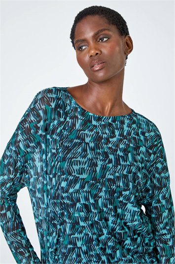 Abstract Print Mesh Chiffon Overlay Top 19268409