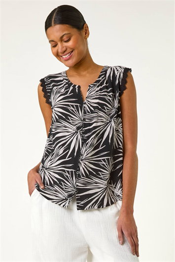 Black Leaf Print Lace Detail Blouse