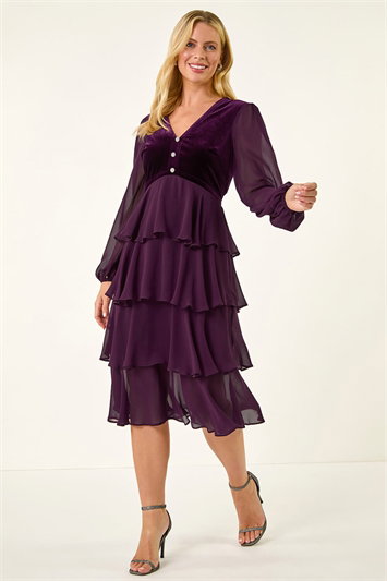 Petite Velvet Tiered Midi Stretch Dress 14626074
