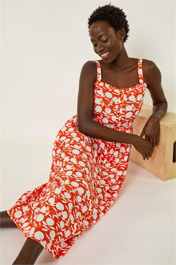 Orange Fruit Print Midi Sundress