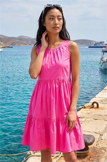 Pink Petite Cotton Tiered Smock Dress
