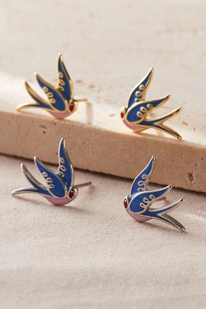 Metallic Sterling Silver Blue Swallow Bird Stud Earrings