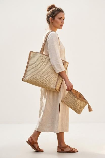 Cream Beige Woven Tote Bag With Matching Zip Pouch-Hyon