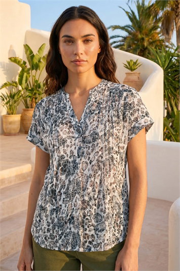 Cream Animal Print Pintuck Burnout Shirt