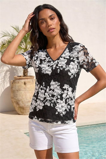 Black Floral Lace V-Neck Top