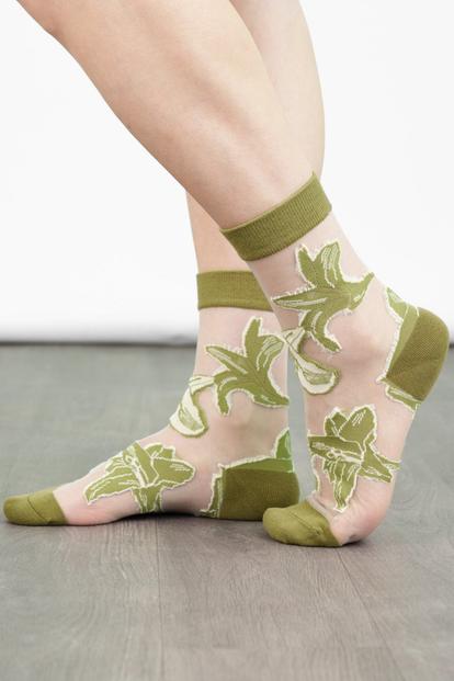 Green Sheer Pop Socks Lily Floral Ankle Socks