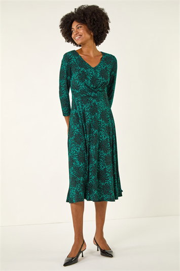 Blue Speckled Print Wrap Bodice Midi Dress
