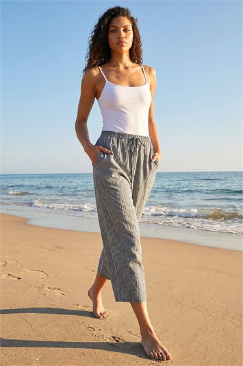 Blue Petite Gingham Stretch Cropped Trouser