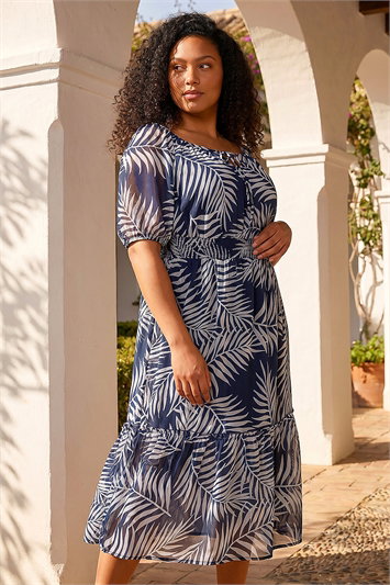 Blue Curve Leaf Print Tie Neck Midi Dress