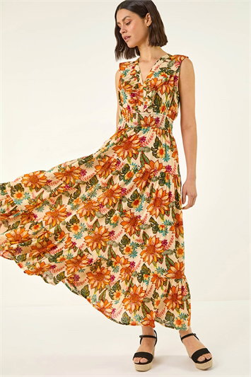 Floral Print Frill V-Neck Maxi Dress 14904664