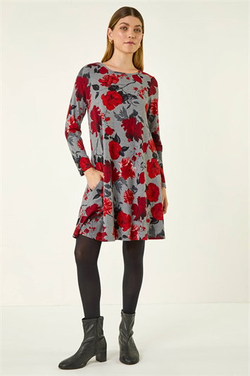 Red Rose Print Stretch Swing Dress