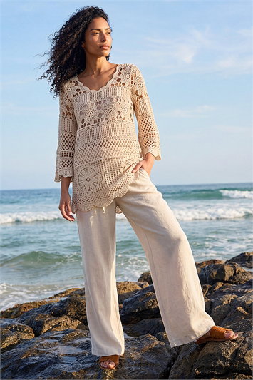 Cream Floral Crochet Tunic Top