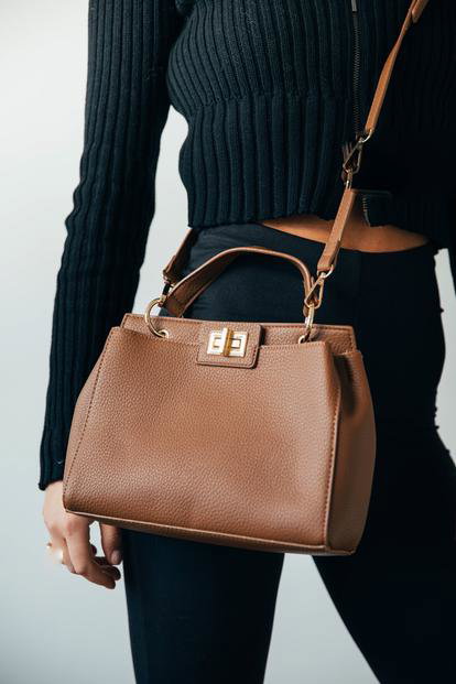 Brown Faux Leather Handbag With Gold Trim M000029081