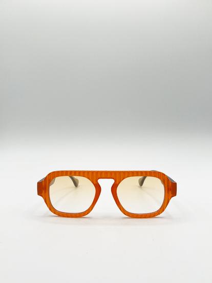 Orange Retro Ribbed Navigator Sunglasses In Orange Grey