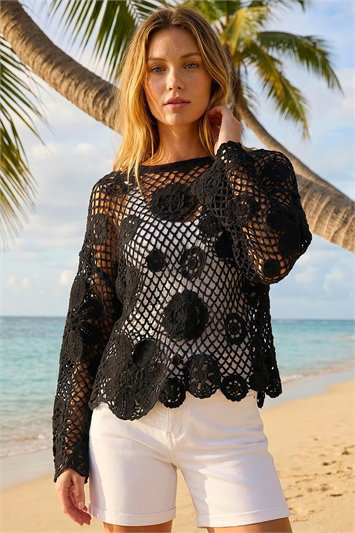 Black Floral Open Crochet Knit Tunic