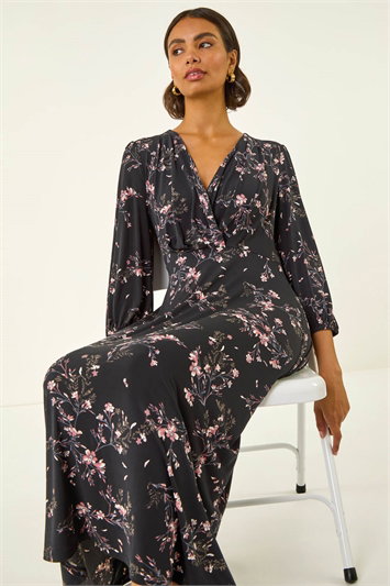 Pink Floral Print Stretch Midi Dress