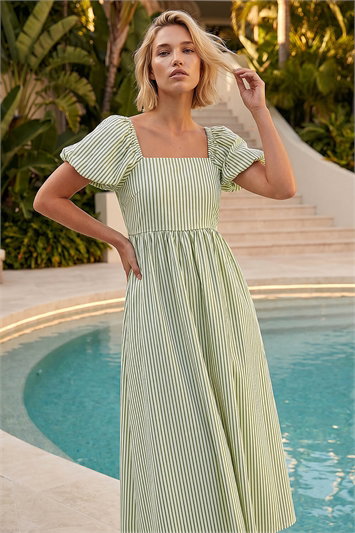 Stripe Puff Sleeve Midi Dress 14909982
