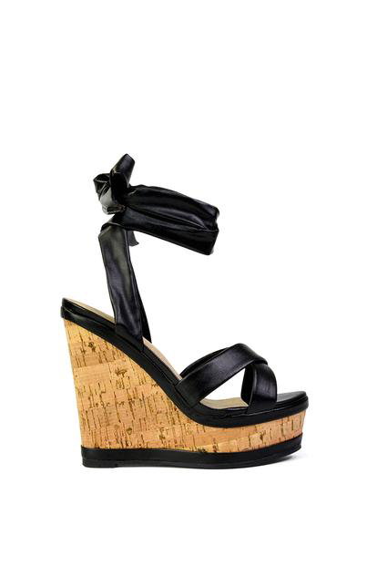 Black 'Kammie' Lace Up Strappy Cork Platform Wedge Heel Sandal Shoes