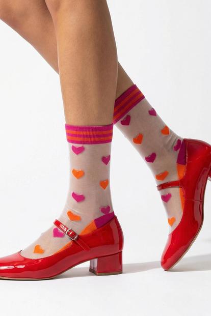 Multi Love Hearts Combed Cotton Sheer Pop Socks In Orange/Pink