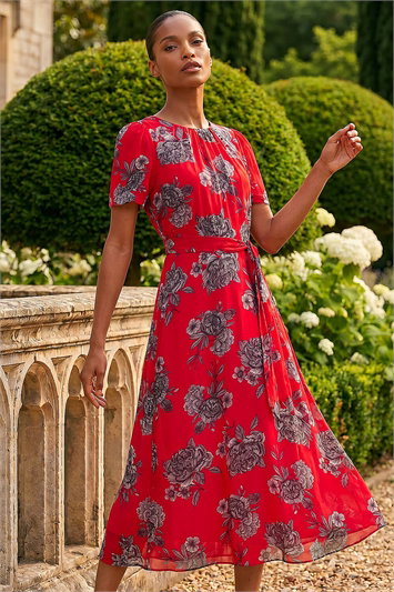 Floral Print Pleat Neck Midi Dress 14837178