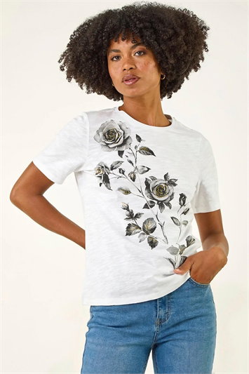 White Floral Print Cotton T-Shirt