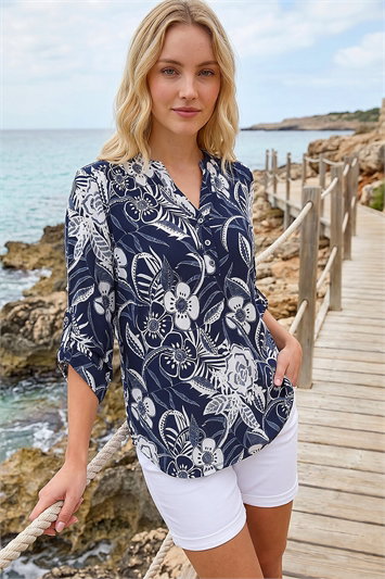 Blue Textured Floral Print V-Neck Stretch Shirt