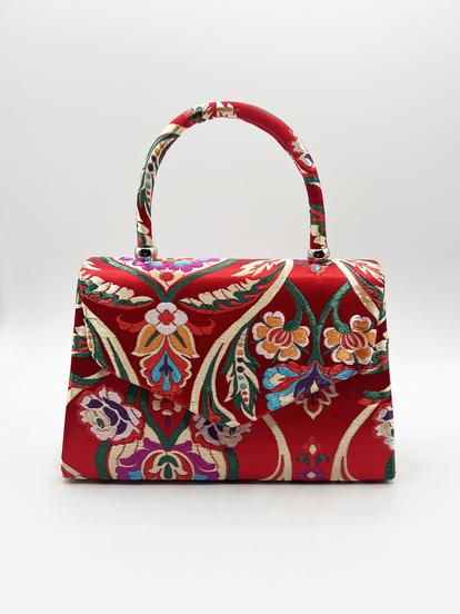 Pink Floral Satin Embroidered Top Handle Bag In Red