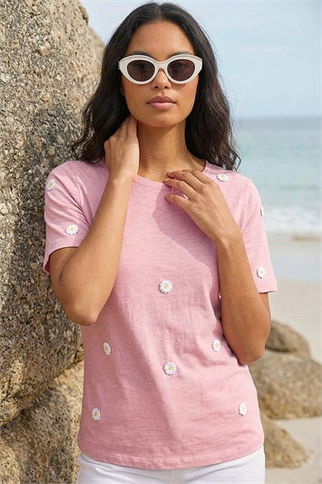 Pink Textured Floral Stretch T-Shirt