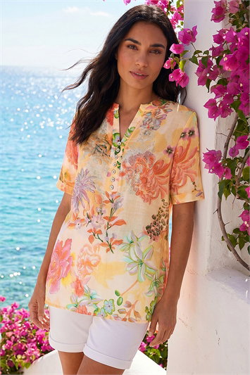Orange Floral Print Embellished V-Neck Top