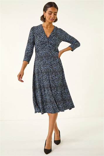 Blue Speckled Twist Front Dress