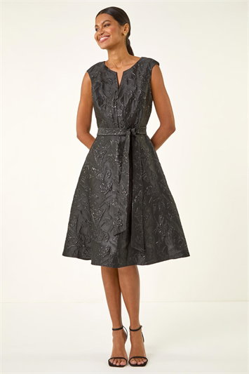 Black Metallic Brocade Belted Dress