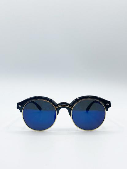 Black Black Round Sunglasses With Blue Lenses And Gold Detail