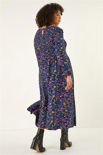 Curve Floral Print Shirred Midi Dress 14771860