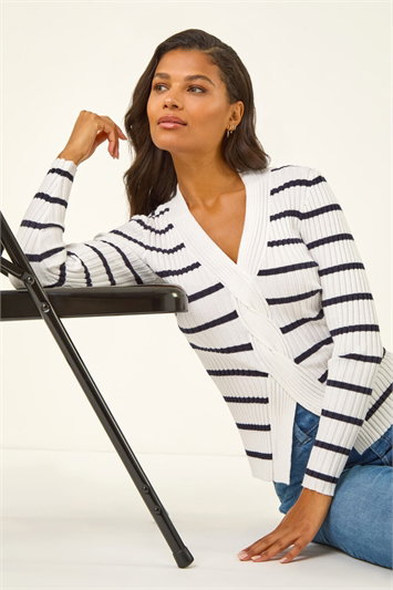 White Stripe Cable Split Detail Rib Jumper