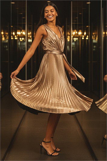 Metallic Metallic Pleat Belted Midi Dress