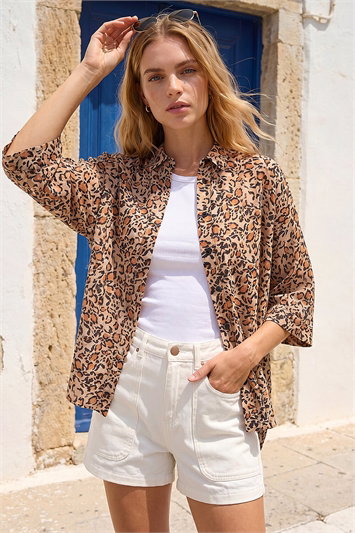 Brown Animal Print Relaxed Blouse