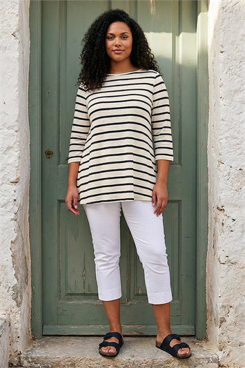 White Curve Stripe Print Tunic Top