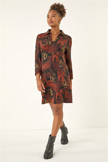 Orange Patchwork Print Shift Dress